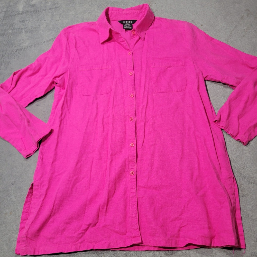 George Shirt Womens L Hot Pink Linen Blend Tunic Long Sleeve Button Down Coastal